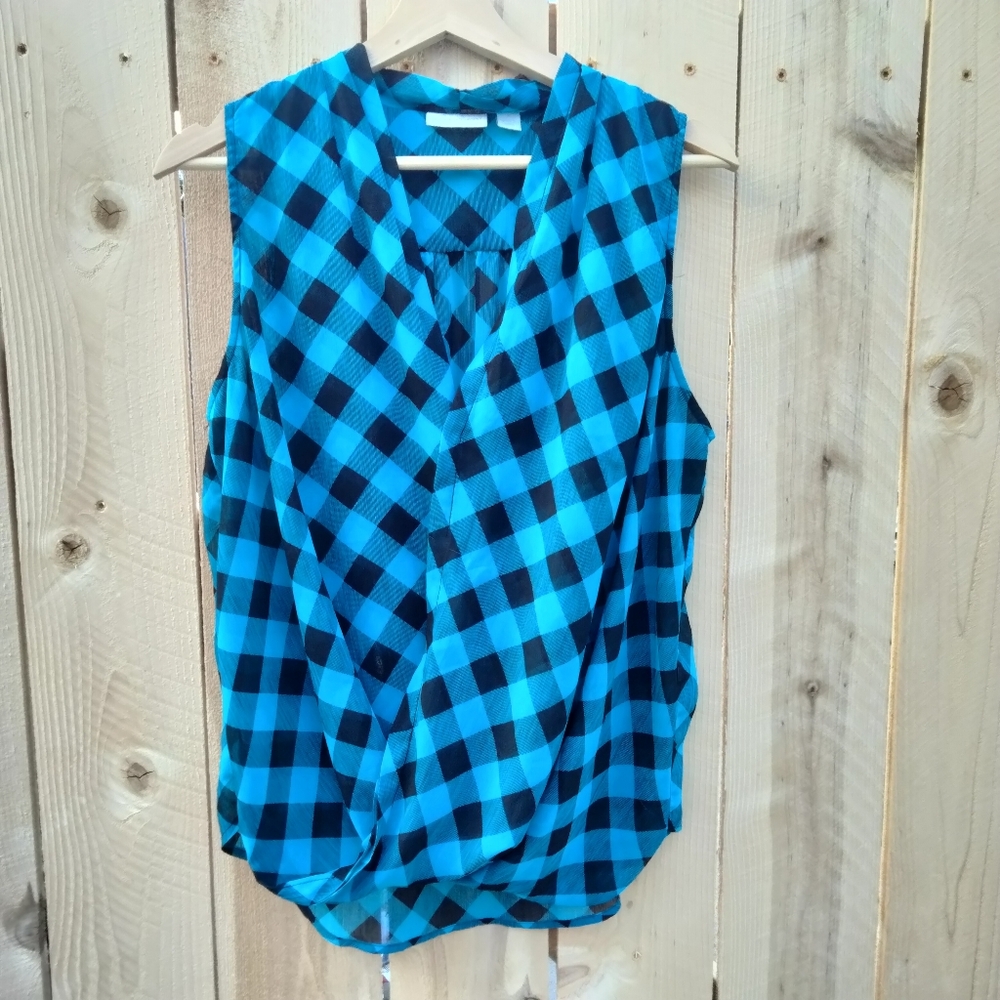 New York & Company Plaid Faux Wrap Sleeveless Sheer Top Size Medium Blue & Black